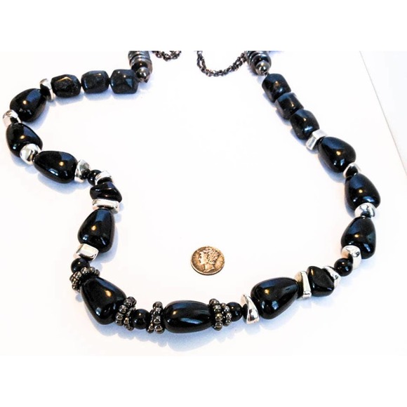 Vintage Black Nugget Necklace Lucite Beads 32-38 Inch Victorian Style - Picture 4 of 6
